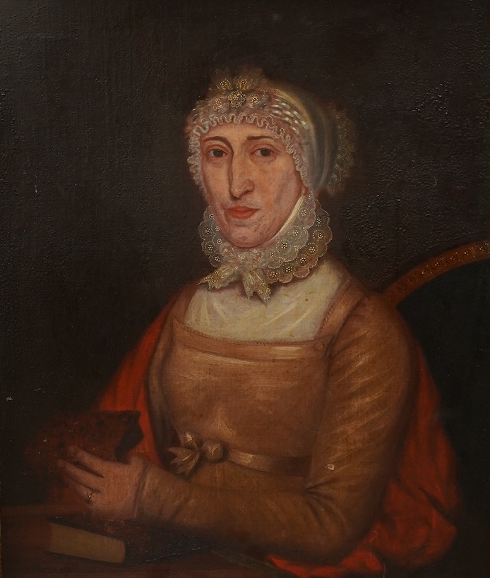 Regency School, oil on board, Portrait of a seated lady wearing a lace bonnet, unsigned, 70 x 57cm, gilt frame